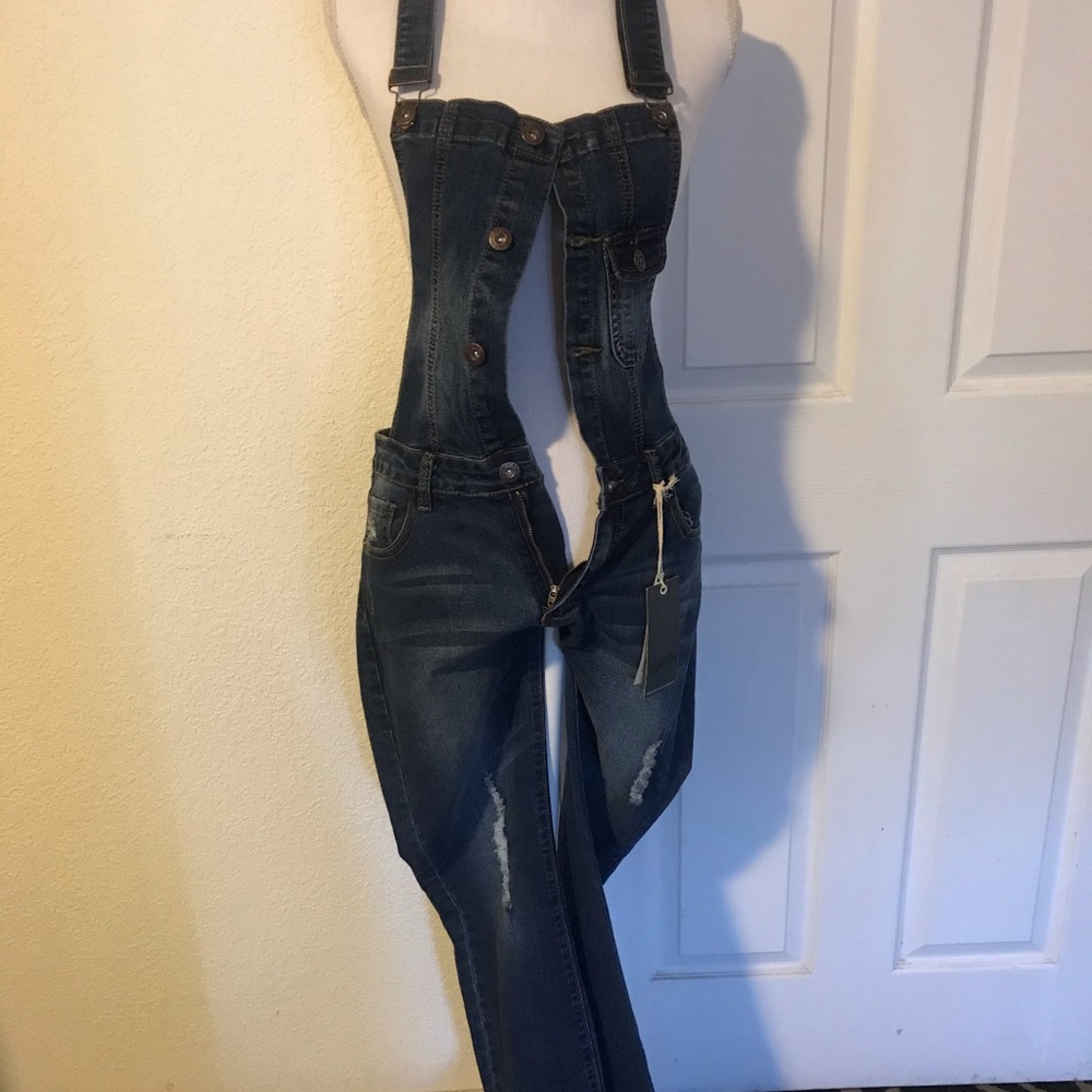 “JC & JQ” Distressed Jean Skinny Overalls! - Picture 4 of 7